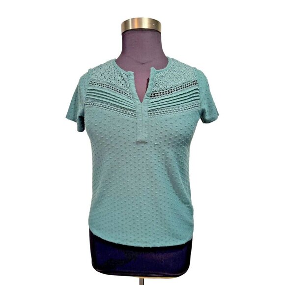 Daniel Rainn Teal short sleeve texture blouse medium poly/rayon Lace Cotton - Picture 1 of 9